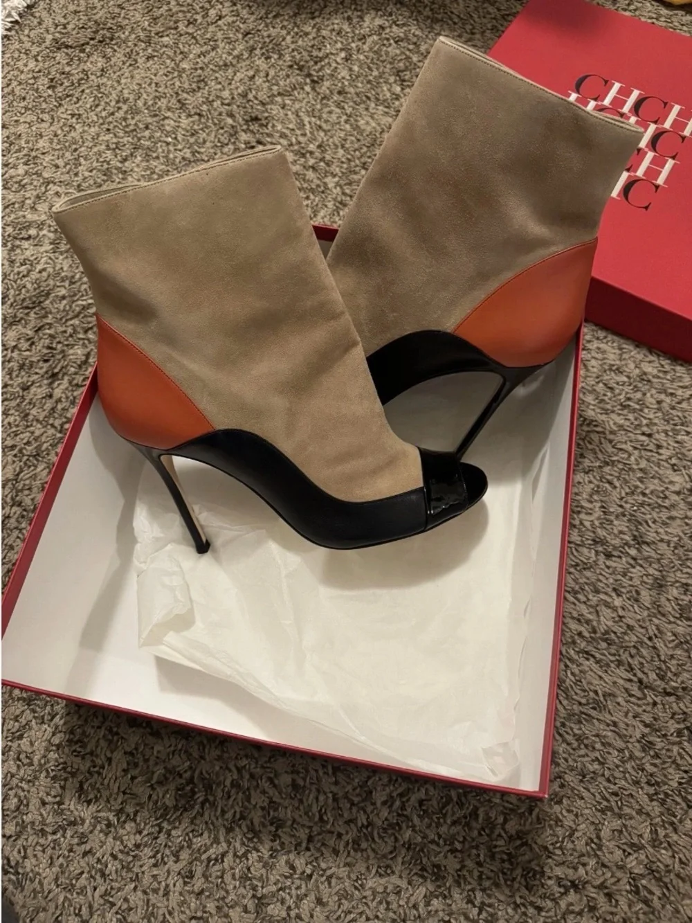 CH Carolina Herrera Suede & Leather Colorblock Ankle Boots in Beige/Black/Orange